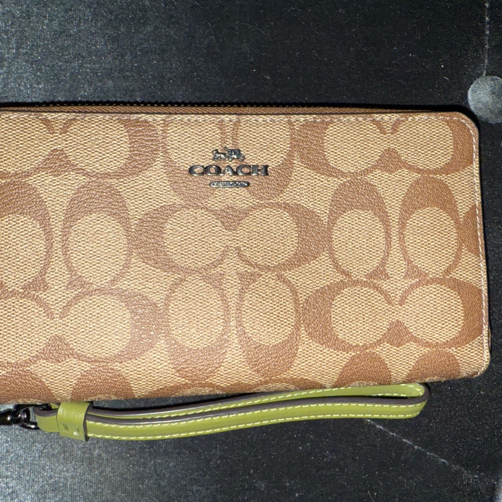 Coach Brown Wristlet with Green Strap